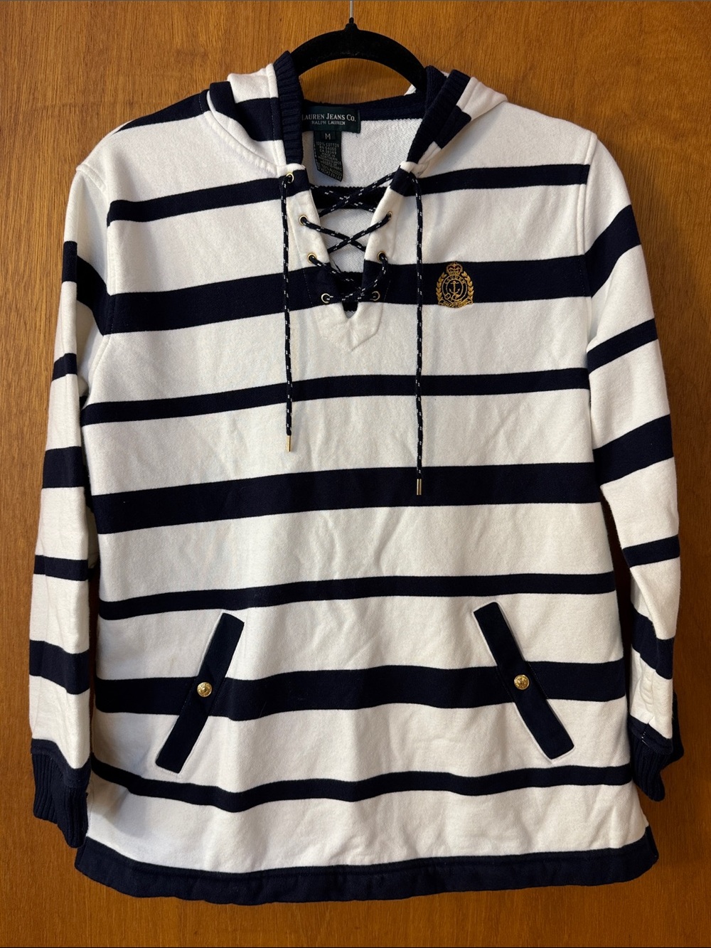 Vintage Lauren Jeans Co Navy and White Nautical/Striped Lace-Up Hoodie